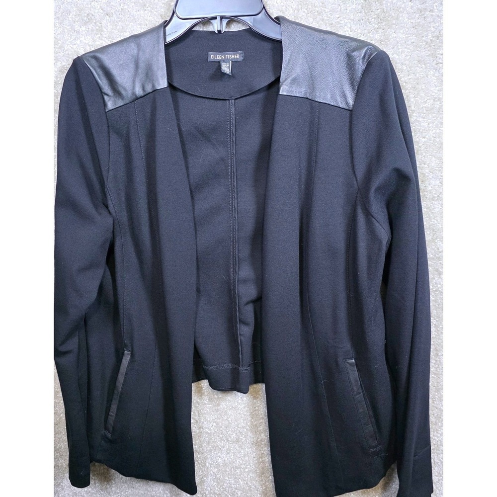 Eileen Fisher Leather Trim Open Front Jacket L Viscose Blend Mixed Media Black